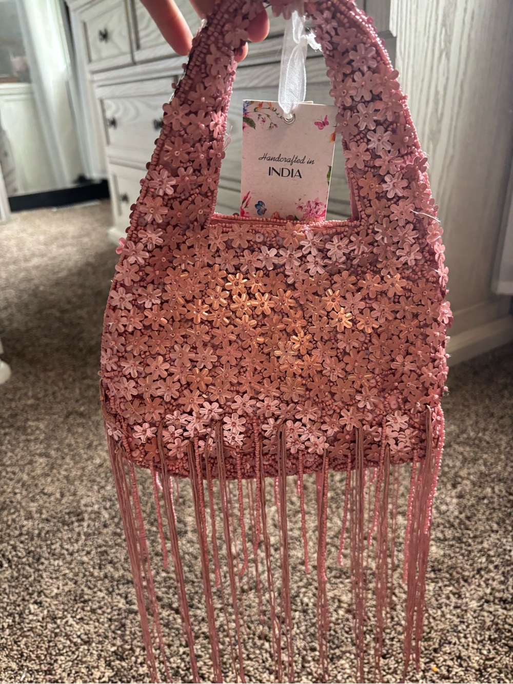 Handcrafted Pink Floral Fringe Women's Handbag